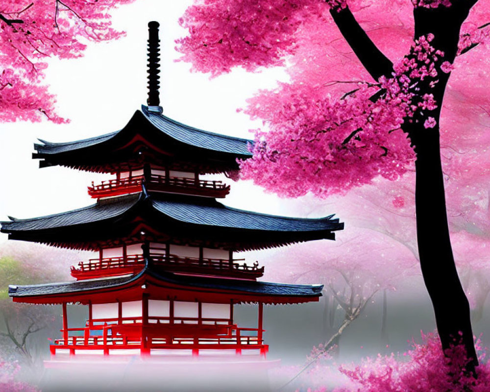 Traditional Japanese Pagoda with Pink Cherry Blossoms and Hazy Sky