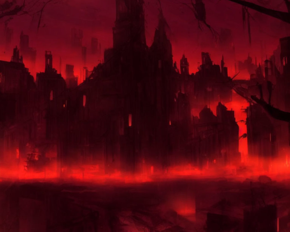 Dystopian landscape with red mist, ruins, and bare trees