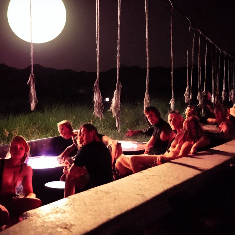 Nighttime scene with people by illuminated hot tub and moon, rope bridge above