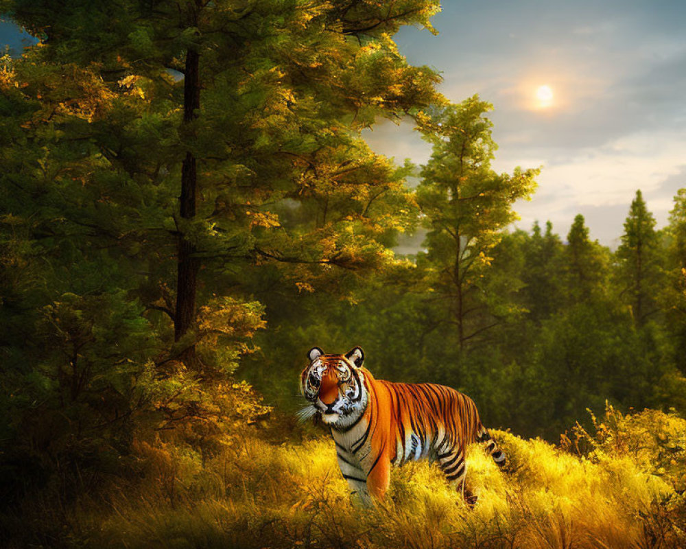 Majestic tiger in sunlit forest at sunset