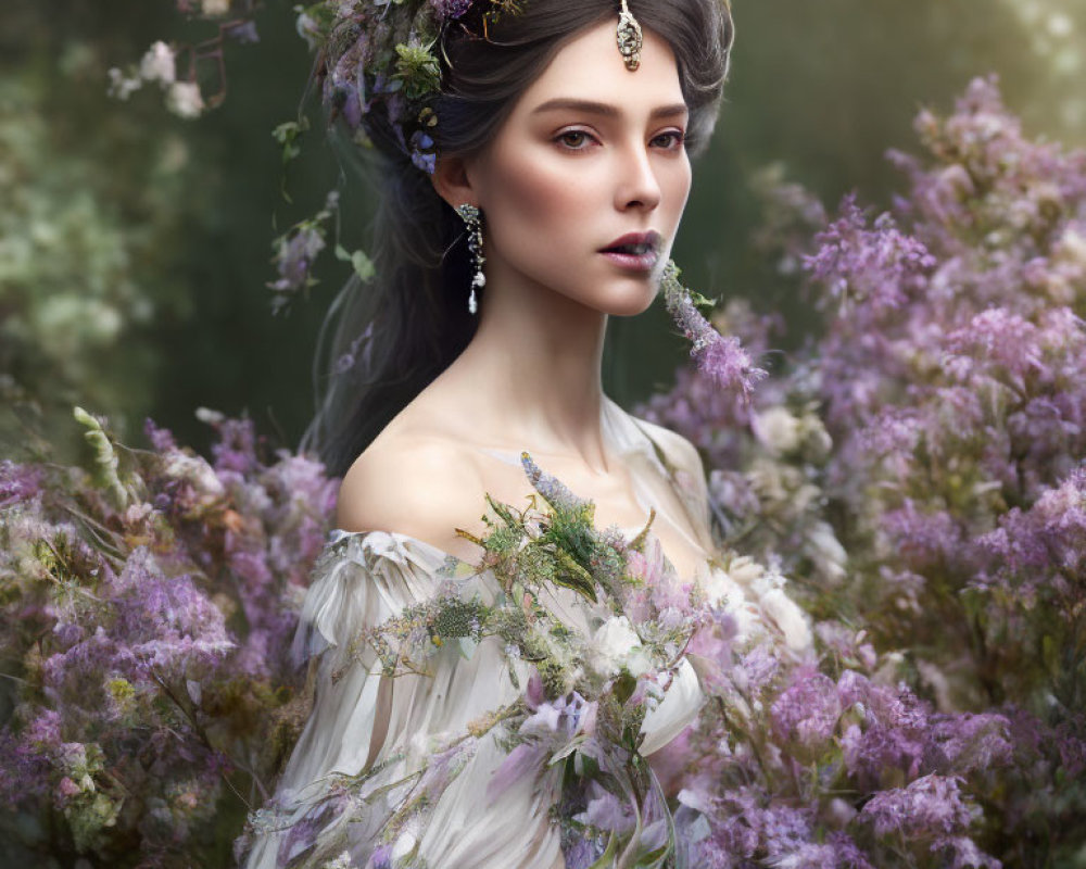 Woman in floral wreath and jewelry, gown with botanical motifs in purple flower field
