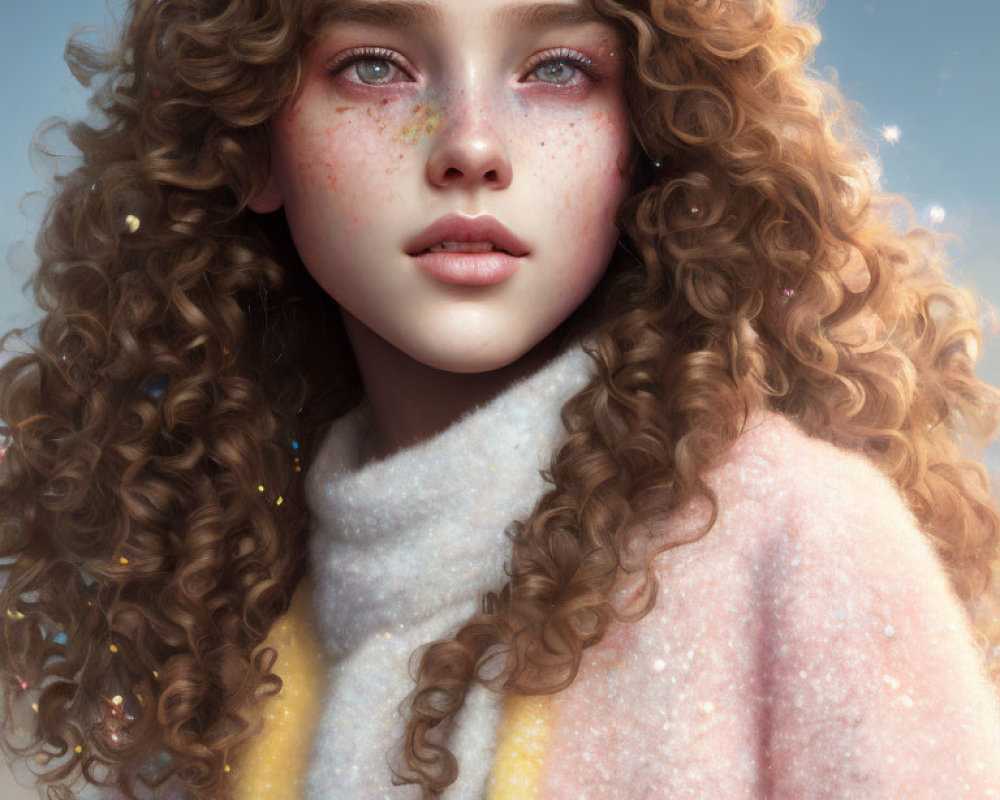 Digital portrait of girl with curly hair and freckles in cozy, sparkly sweater under clear sky