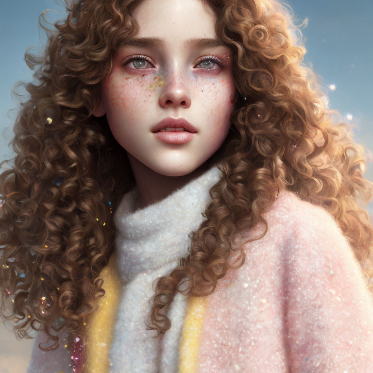 Digital portrait of girl with curly hair and freckles in cozy, sparkly sweater under clear sky