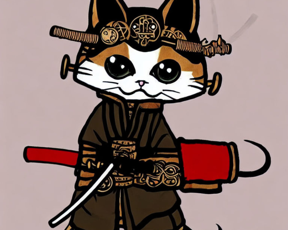 Anthropomorphic cat in samurai attire with katana sword on pink background