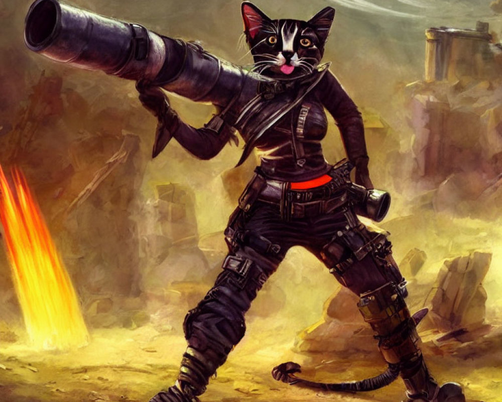 Anthropomorphic cat mercenary with futuristic cannon in war-torn setting
