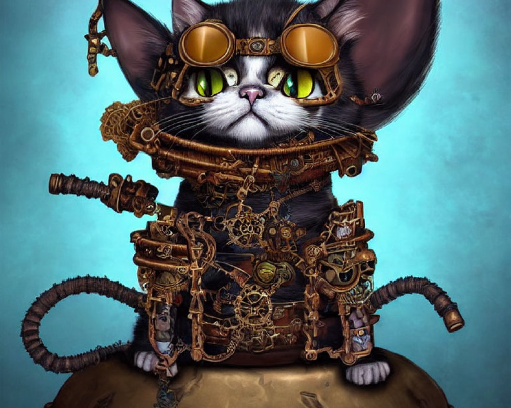 Steampunk-style cat digital artwork with green eyes and goggles