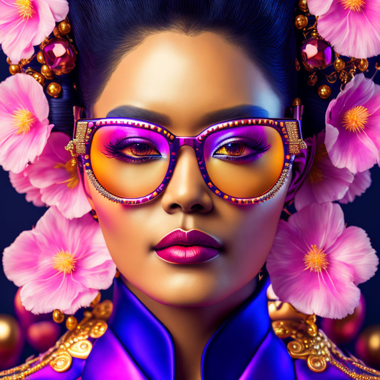 Colorful digital portrait of woman with ornate glasses, pink flowers, gold and gemstone jewelry.