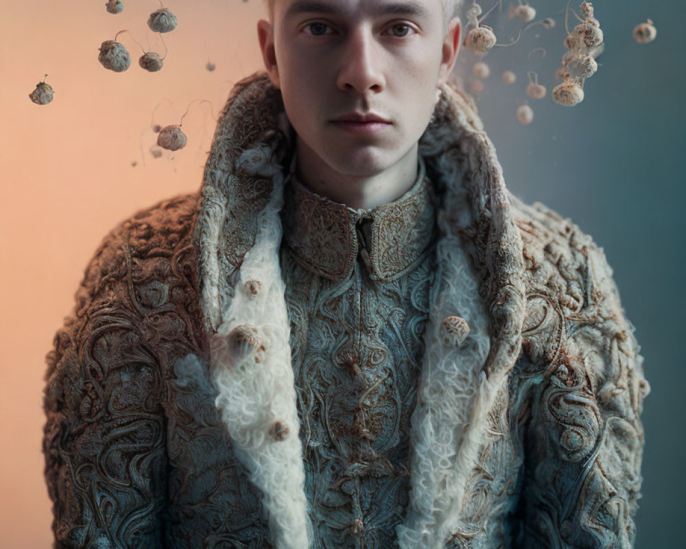 Neutral young man in ornate jacket on blue-orange gradient with dandelion seeds.