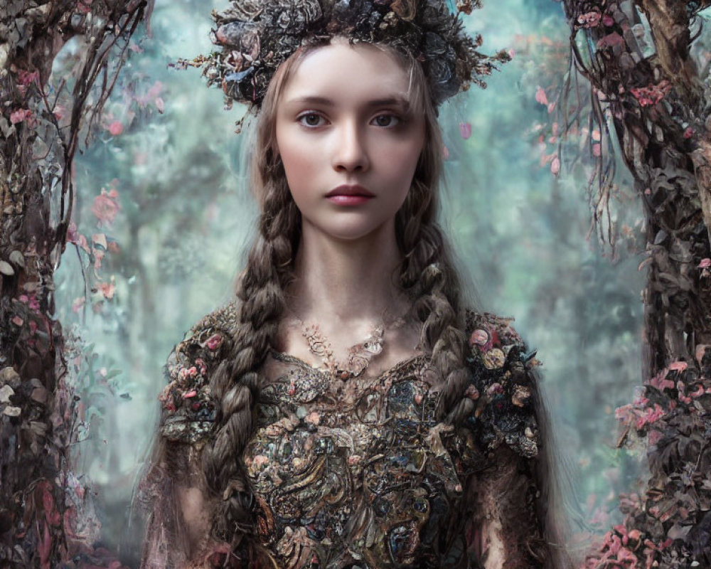 Woman with Braided Hair and Floral Crown in Mystical Forest Setting