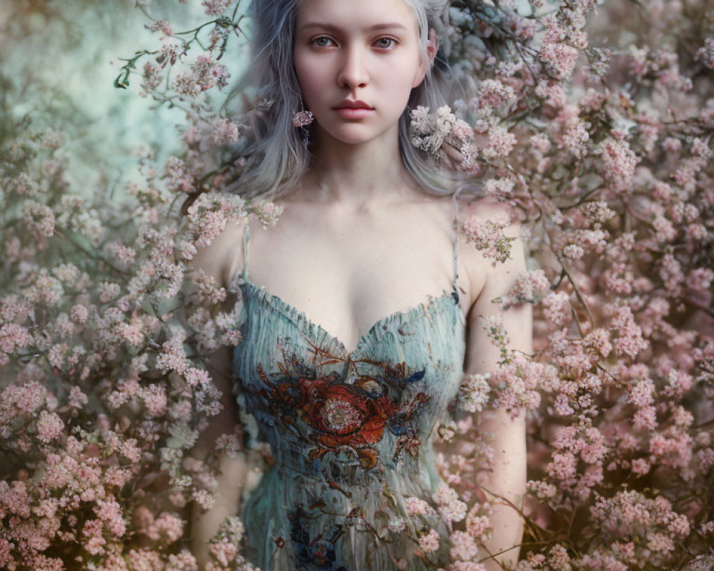 Silver-haired woman in blue dress surrounded by pink blossoms