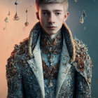 Neutral young man in ornate jacket on blue-orange gradient with dandelion seeds.