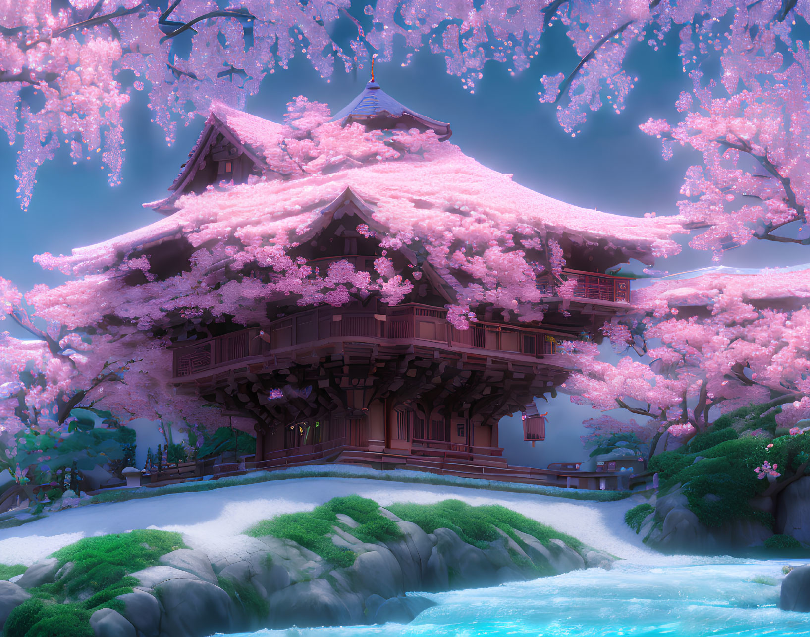 Japanese pagoda with cherry blossoms by serene river