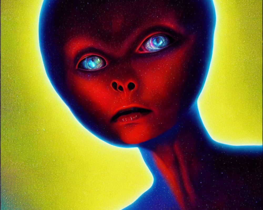 Colorful Alien Illustration with Large Head and Blue Eyes