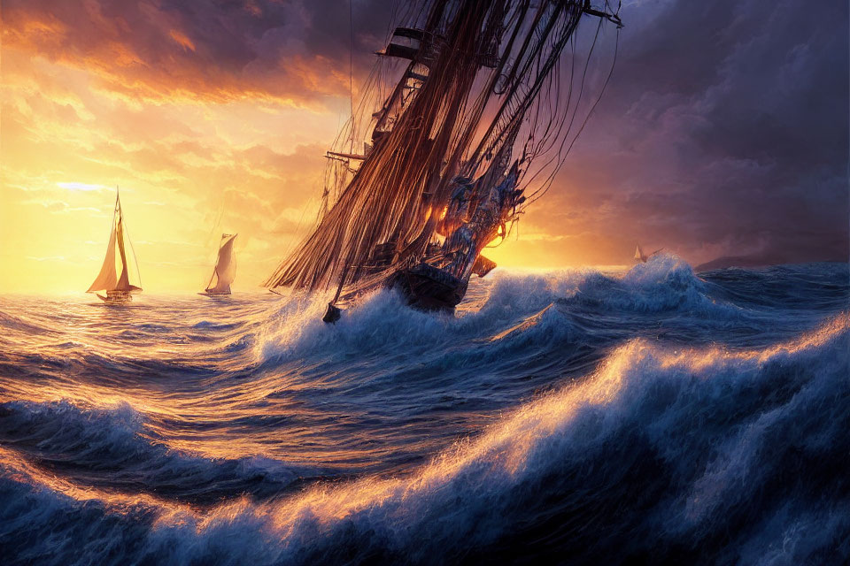 Tall ships in stormy seas at fiery sunset.