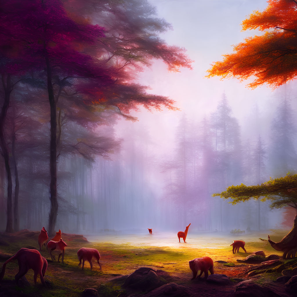 Mystical forest with colorful trees and grazing deer in serene landscape