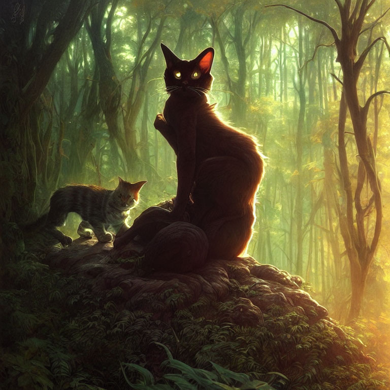 Majestic black cat with glowing eyes in misty forest setting