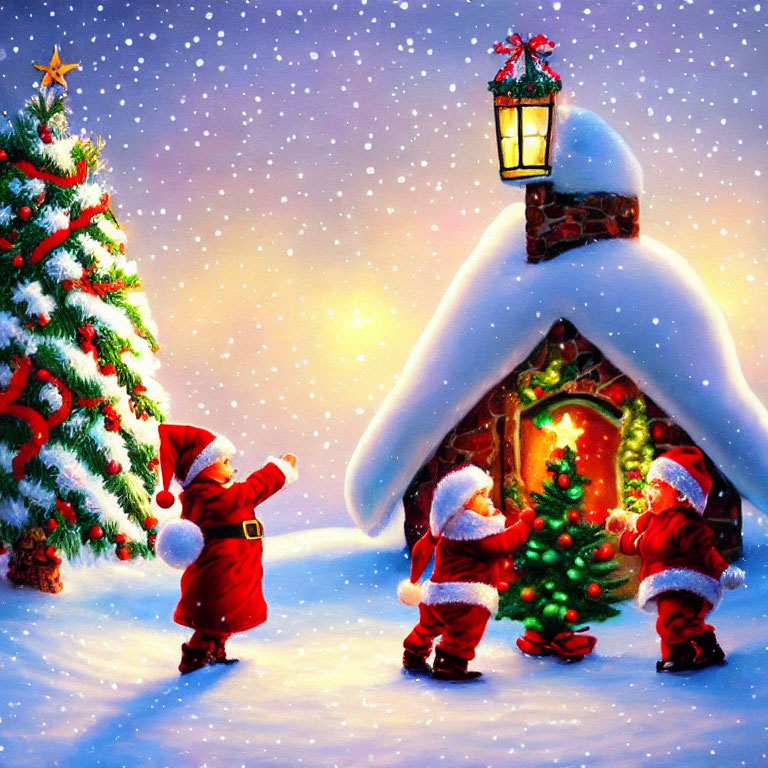 Three Santa Clauses decorating Christmas tree in snowy night scene