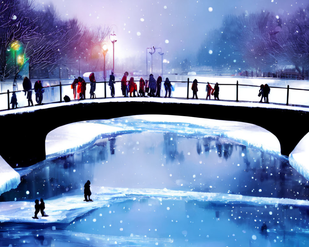 People crossing snow-covered bridge in wintery evening scene