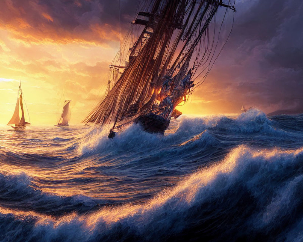 Tall ships in stormy seas at fiery sunset.