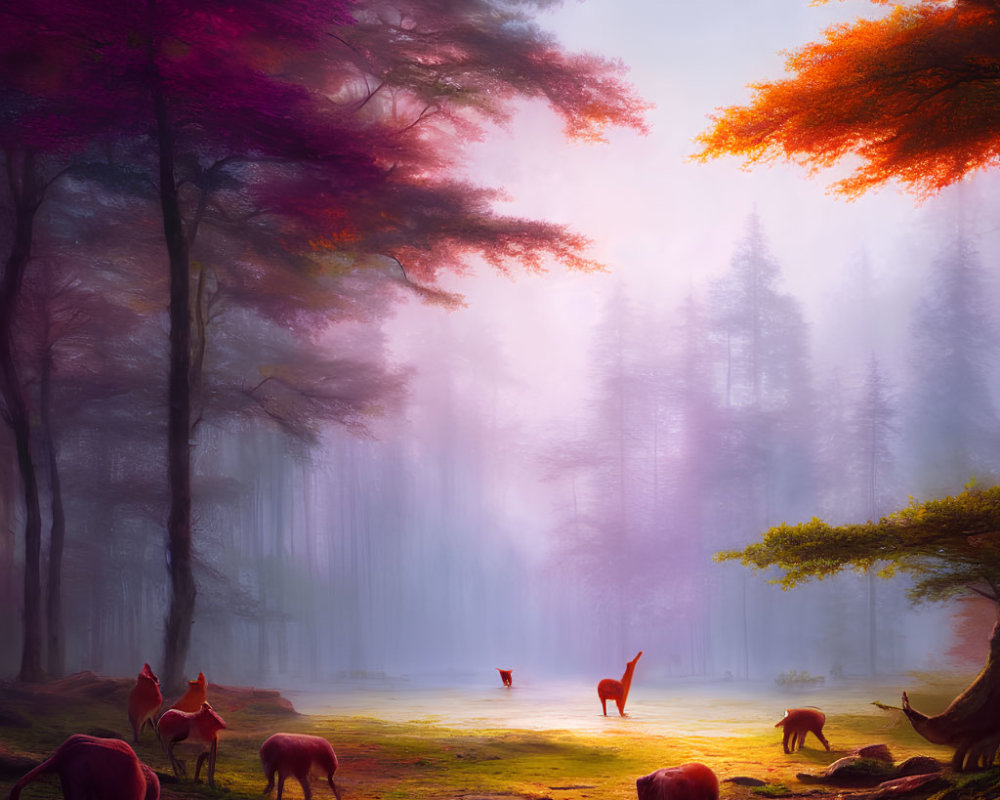 Mystical forest with colorful trees and grazing deer in serene landscape