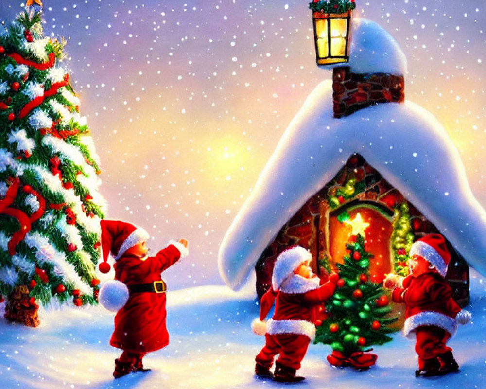 Three Santa Clauses decorating Christmas tree in snowy night scene