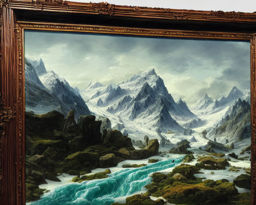 Snow-capped mountain landscape with river in decorative frame