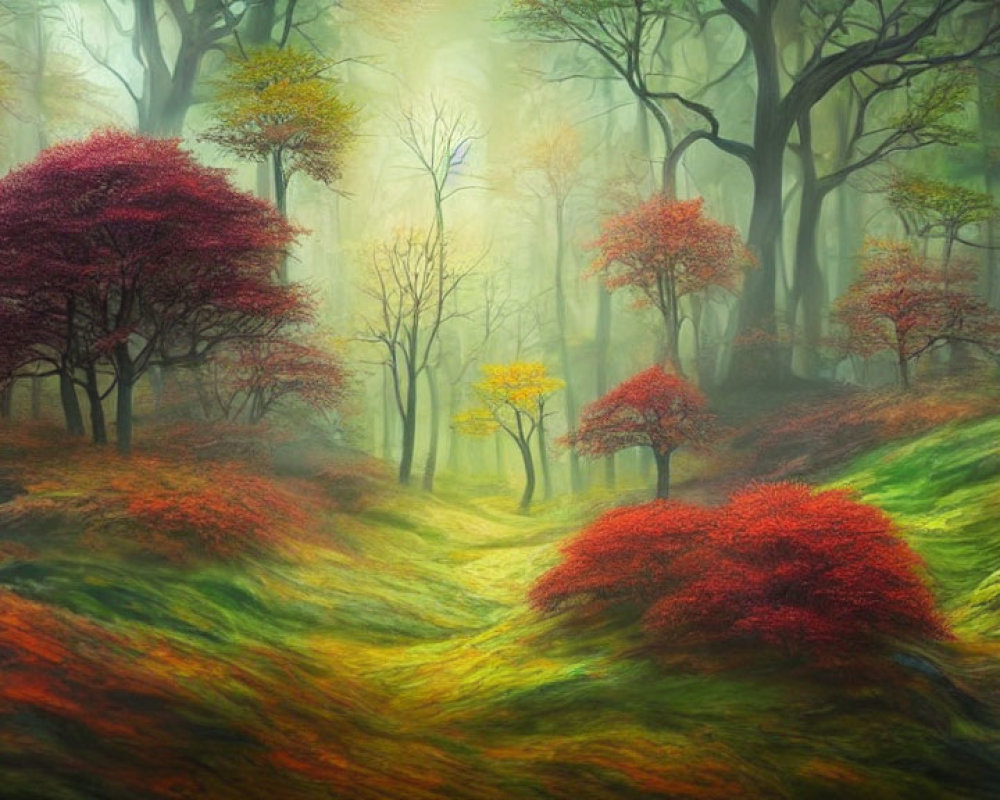 Colorful Red, Yellow, and Green Trees in Mystical Forest with Soft Fog and Filtered Light