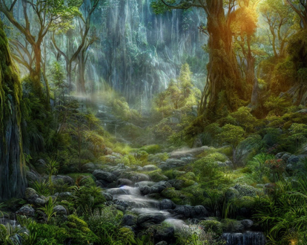 Lush Greenery and Cascading Stream in Enchanted Forest