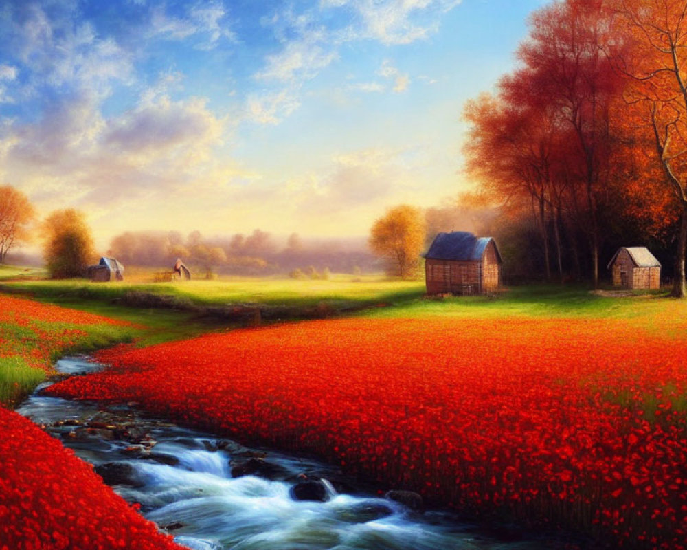 Scenic landscape with red flowers, stream, autumn trees, and rustic houses