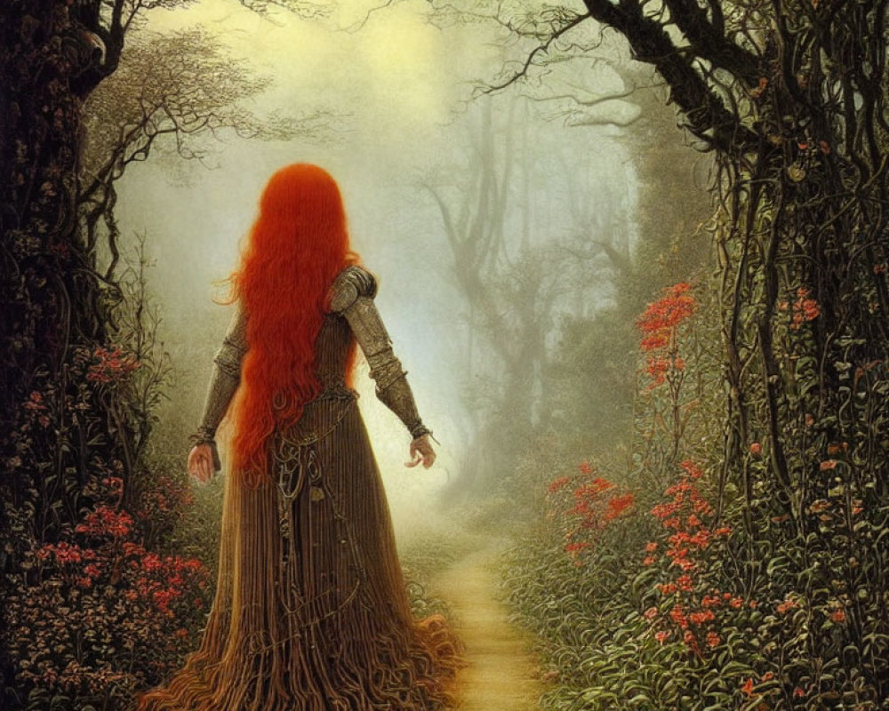 Woman with Red Hair and Dress in Misty Forest Setting