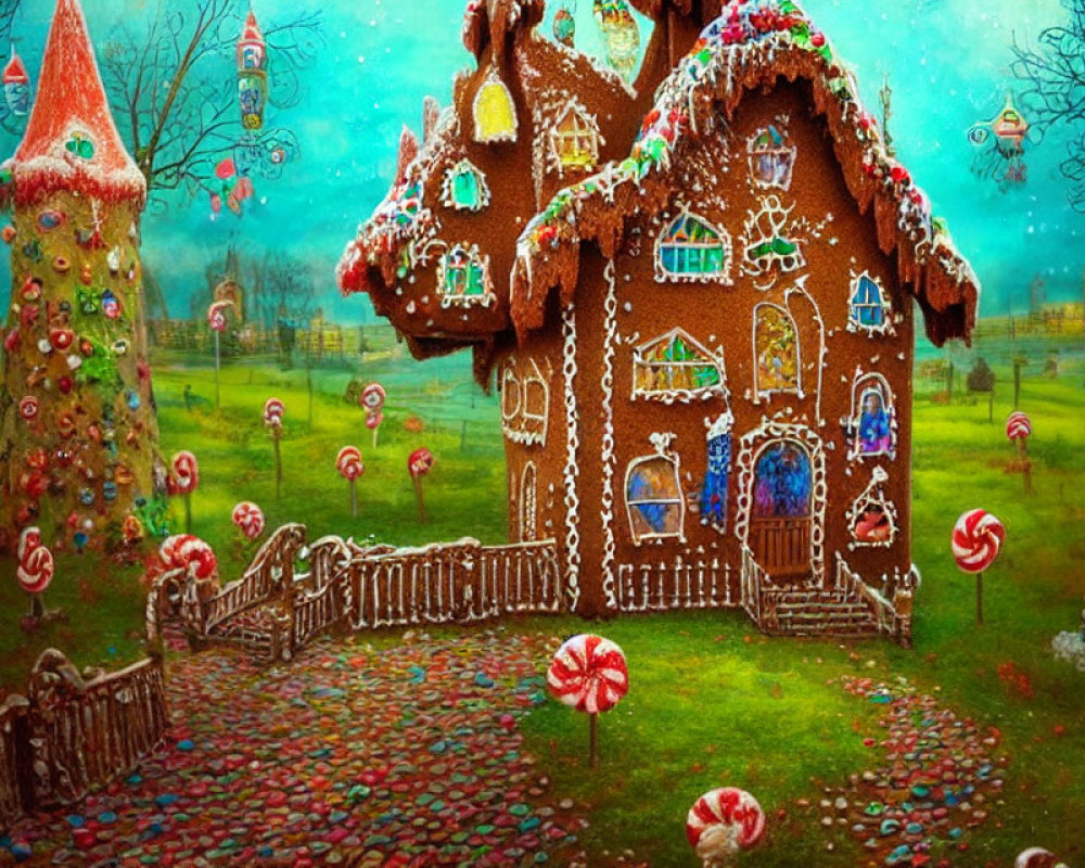 Colorful Candy Adorned Gingerbread House with Candy Cane Trees