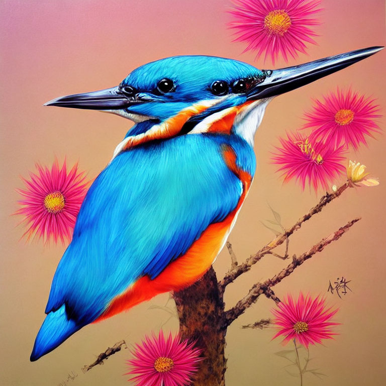 Colorful Kingfisher Bird Illustration on Branch with Pink Flowers