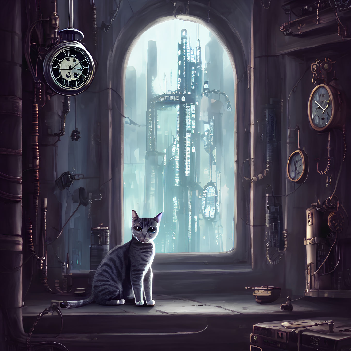 Cat surrounded by clocks and steampunk gadgets gazes at futuristic cityscape