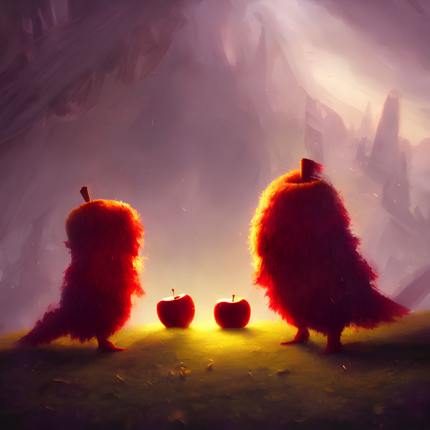 Whimsical furry creatures with glowing eyes and apples in mystical landscape