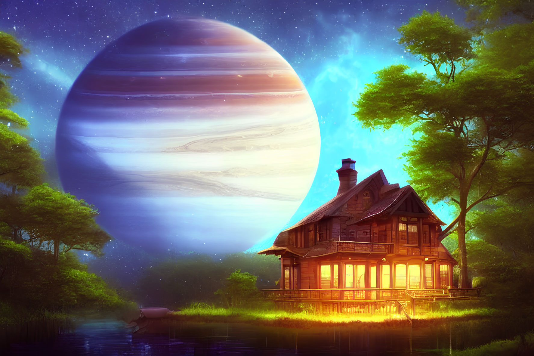Cozy wooden house by a lake with giant planet and starlit sky