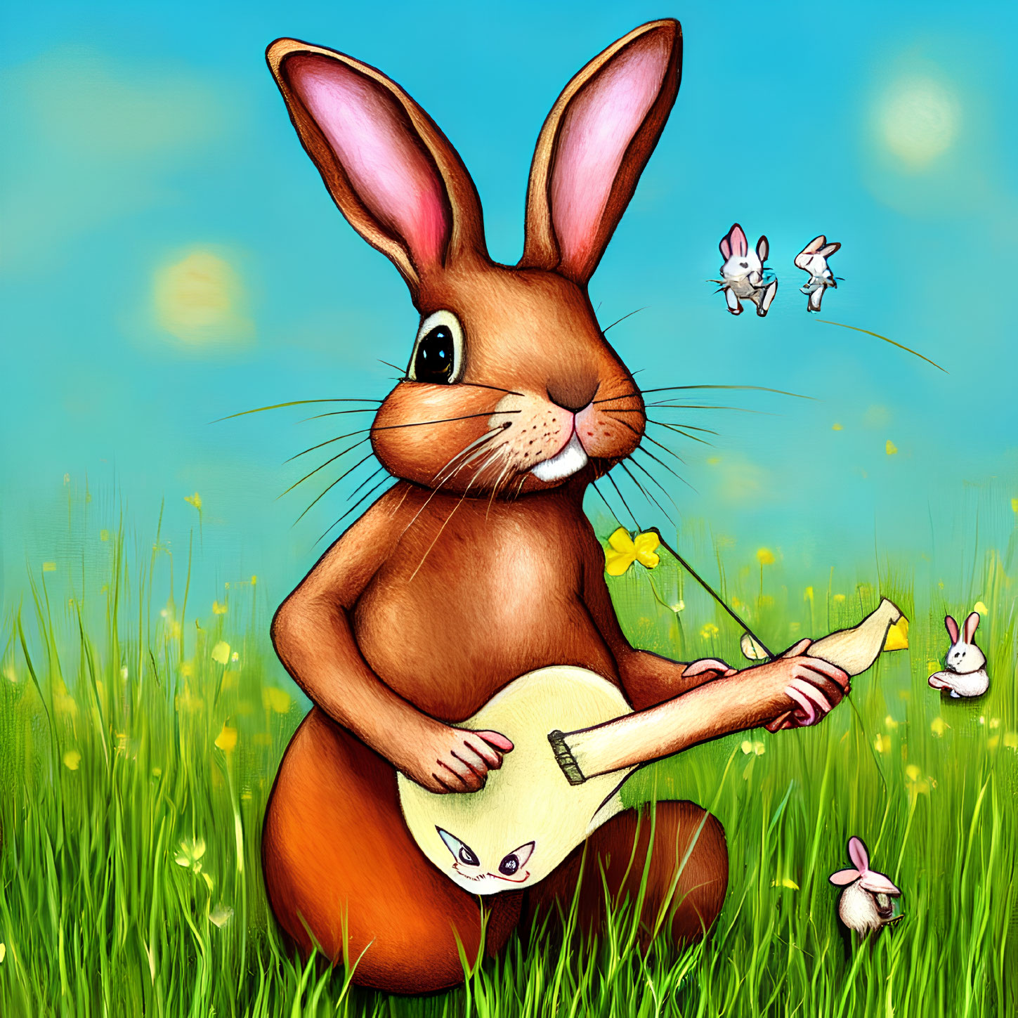 Illustration of large brown rabbit playing yellow guitar in green field with dancing white rabbits