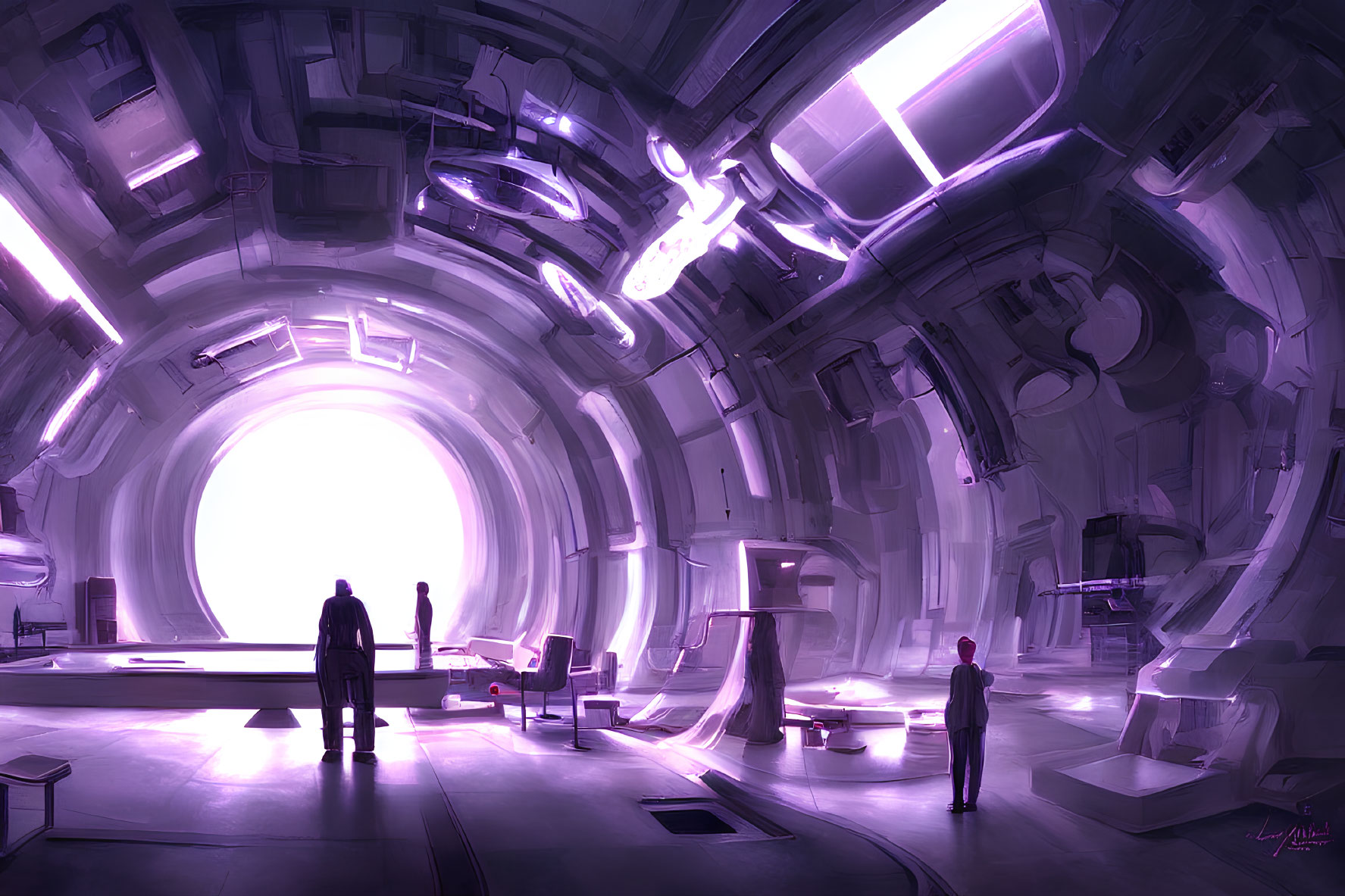 Futuristic room with large portal, purple and white light, silhouettes of two individuals,