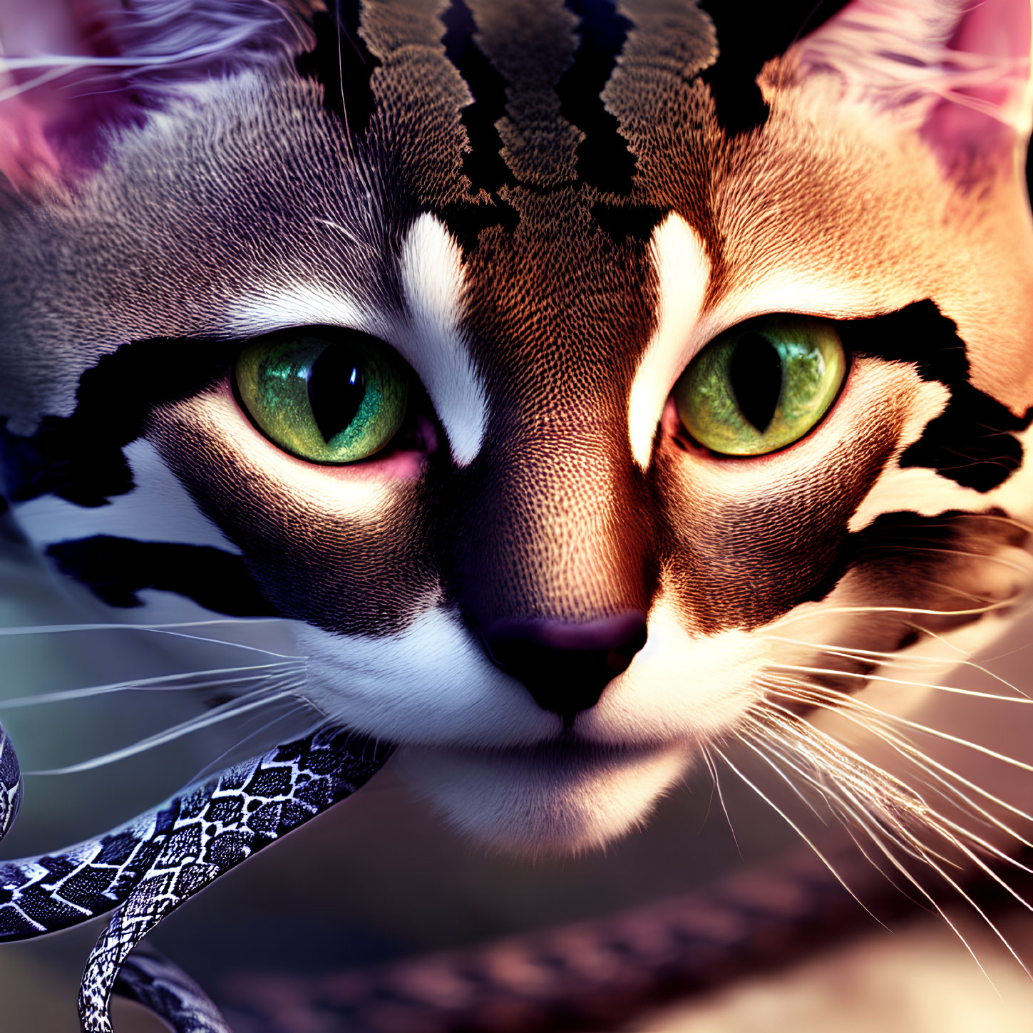 Digital art of a cat with green eyes and puzzle piece fur on warm background