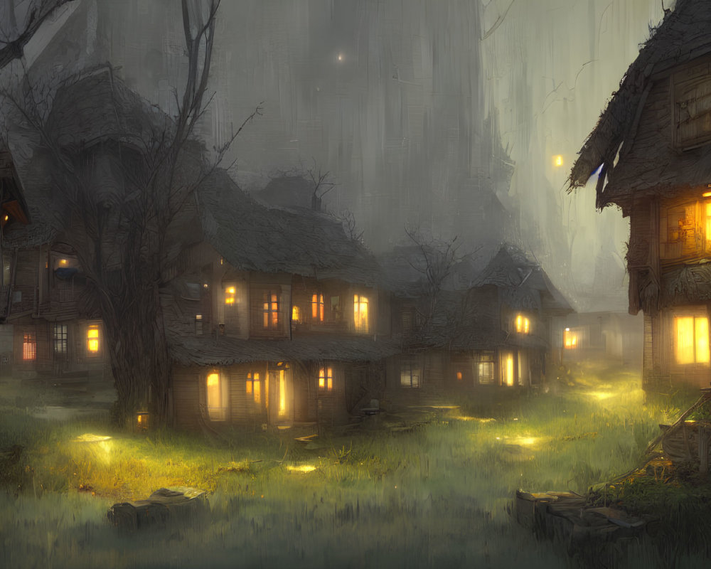 Enchanted village in fog with warm lights and overgrown nature