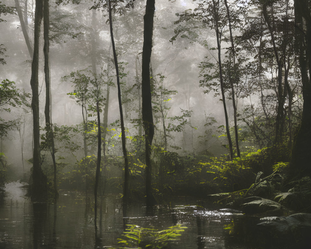Tranquil misty forest scene with dense trees and calm water body