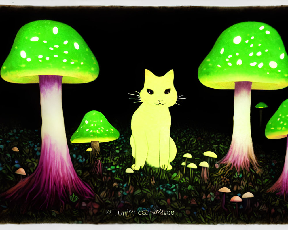 Yellow Cat Among Glowing Green Mushrooms in Fantasy Setting