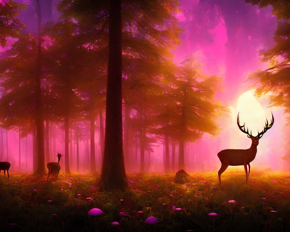 Sunrise forest scene with purple hues, fog, deer silhouettes, and white mushrooms
