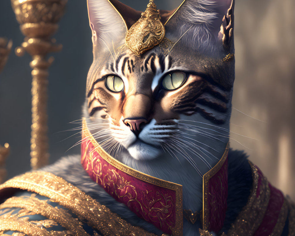 Regal cat in gold and red costume exudes royal elegance