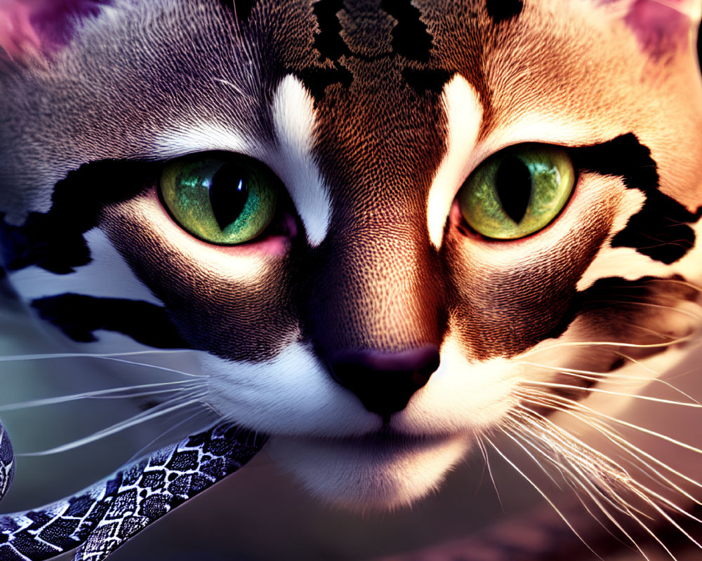 Digital art of a cat with green eyes and puzzle piece fur on warm background