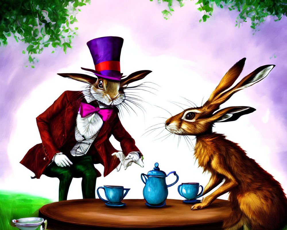 Anthropomorphic rabbit and regular hare having tea under whimsical tree