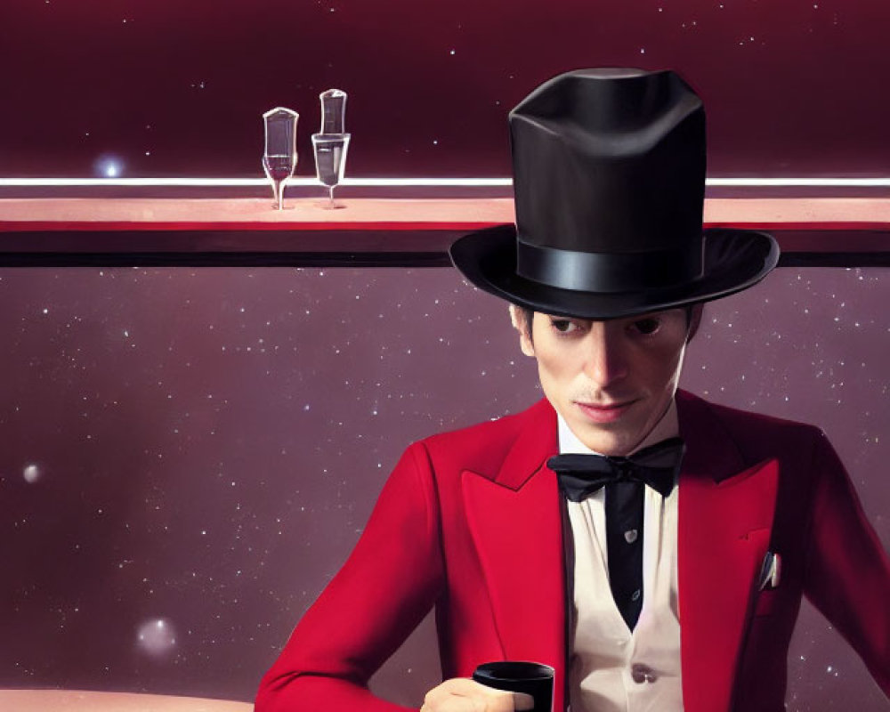 Man in Red Jacket and Top Hat Sitting at Bar with Starry Background Holding Black Cup