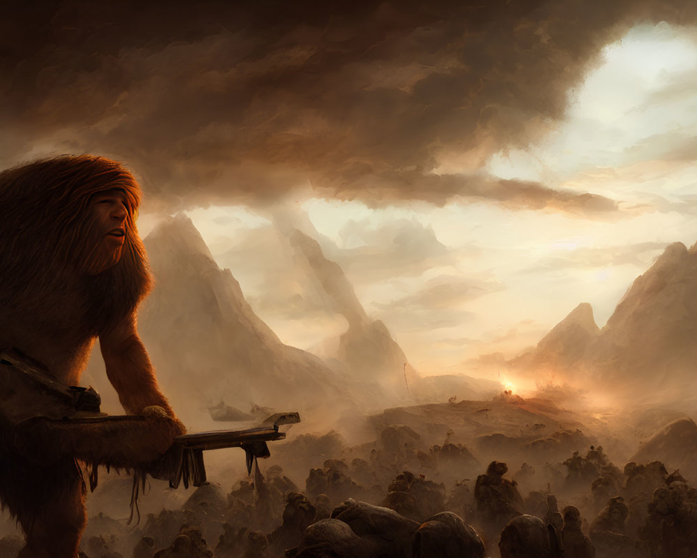Giant humanoid with long hair holding house in rugged sunset landscape
