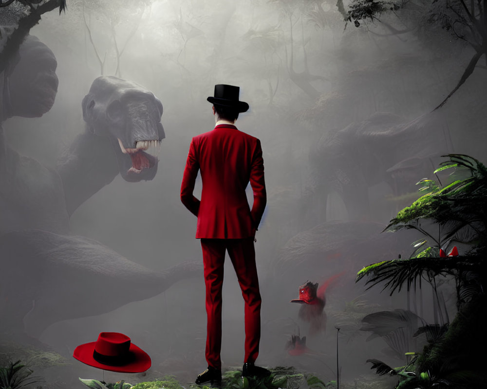 Person in Red Suit and Black Hat in Misty Jungle with Giant Creatures and Red Frog