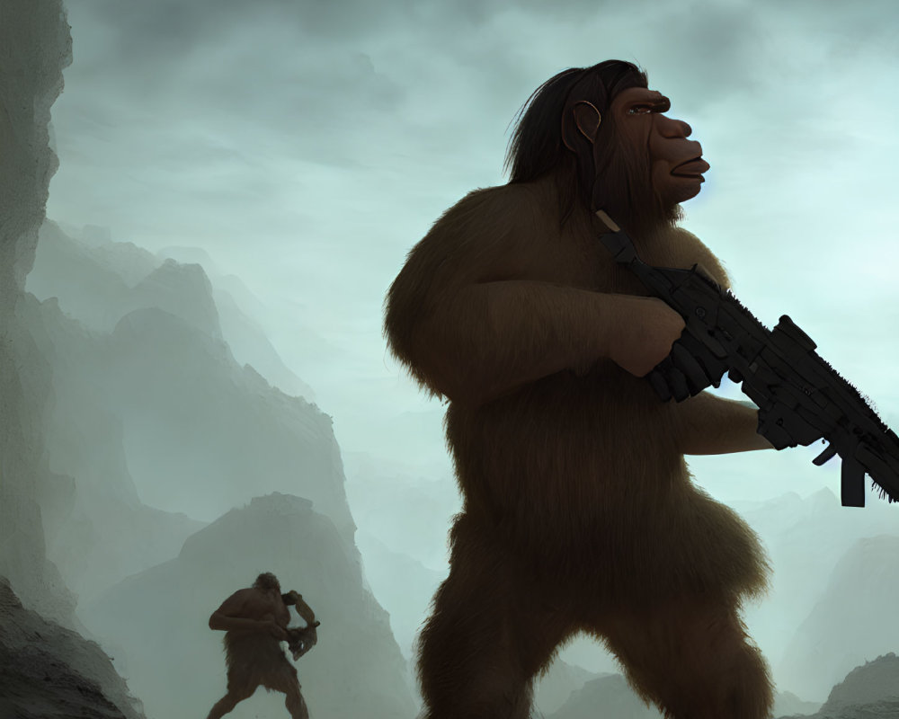 Bipedal ape-like creatures with rifles in misty rocky landscape