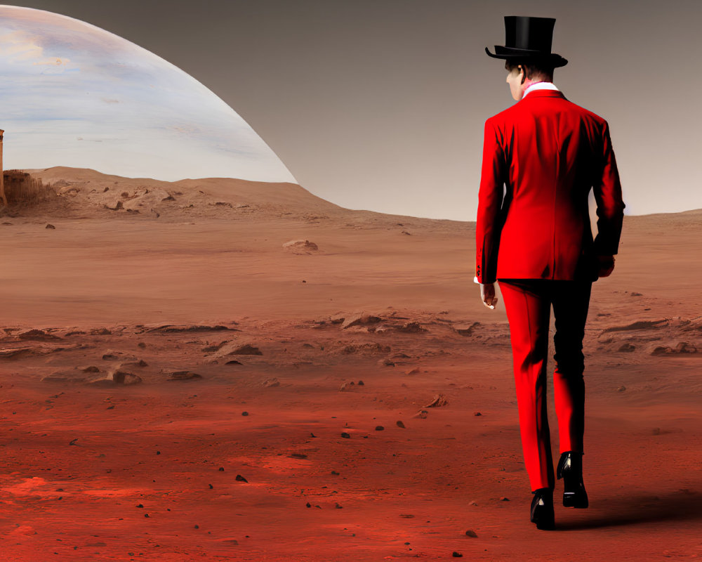 Person in red suit and top hat on Mars-like surface gazes at rising planet